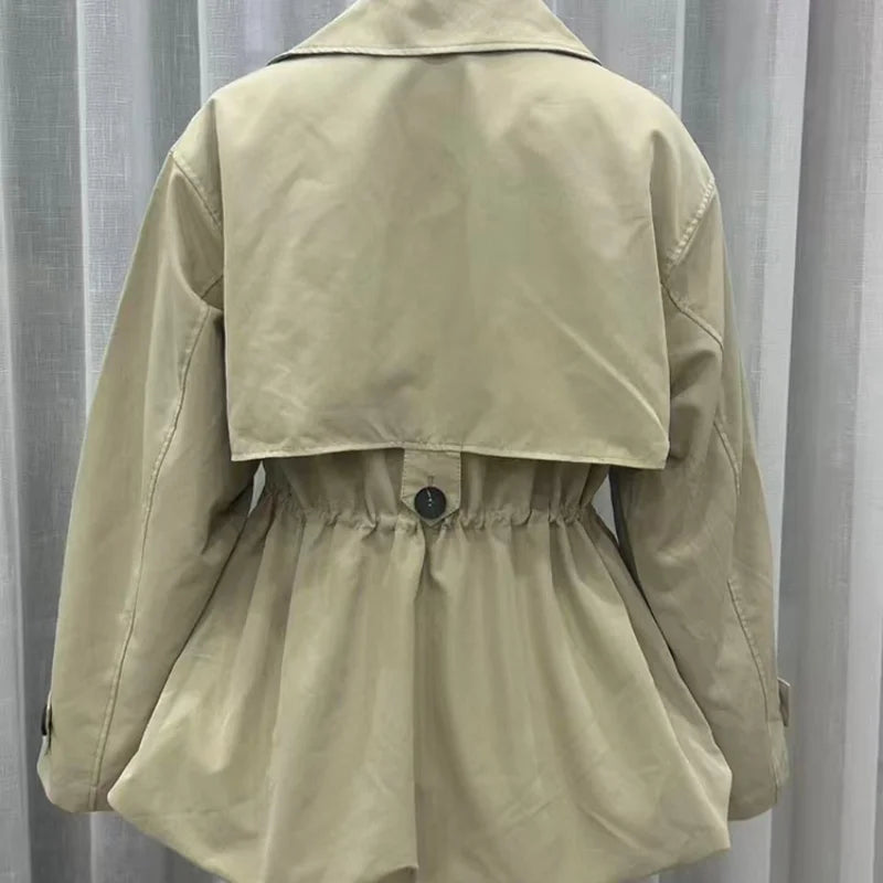 Simple Commute Lady Trench Coat Collar Tie Waist Cinched Button Patchwork Jacket 2026 Fall Chic Korean Office Daily Outerwear