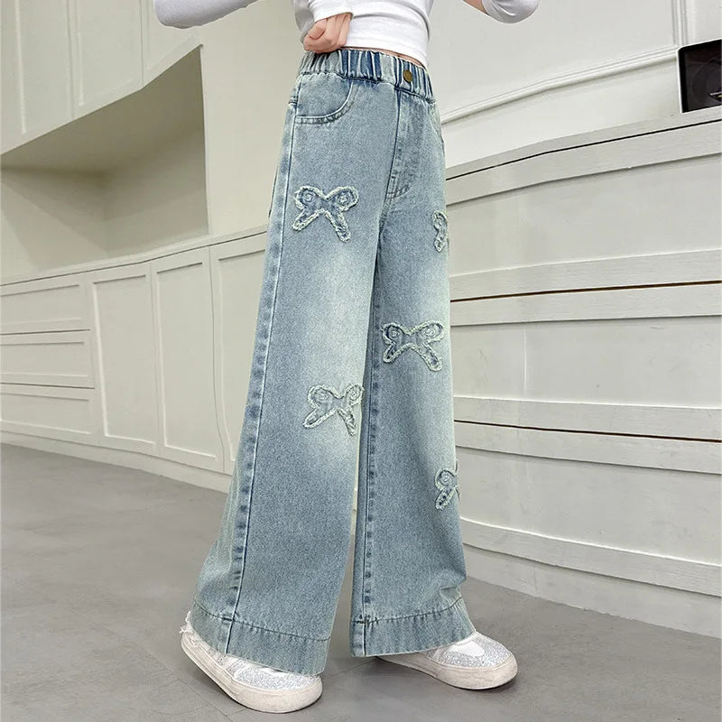 American Retro Kids Baggy Jeans with Bows For Girls Fashion Stretch Elastic Waist Denim Pants Child Wide Leg Jeans Trousers 5-14