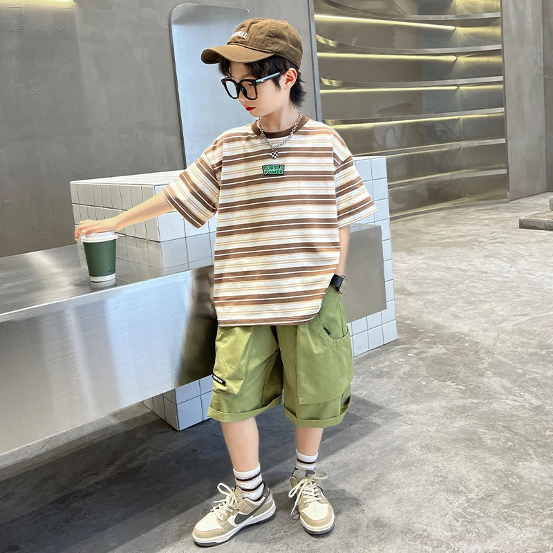 Children 2026 New Summer Striped Clothing Set Top And Bottom Suit for Tween Boys Casual Tracksuit Tshirt Shorts Kids Clothes Set