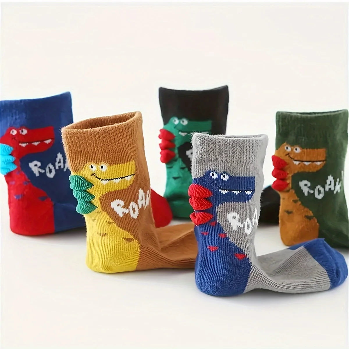 5 pairs of cute cartoon dinosaur patterned socks for boys and children, breathable, comfortable, high elasticity, sweat absorpti