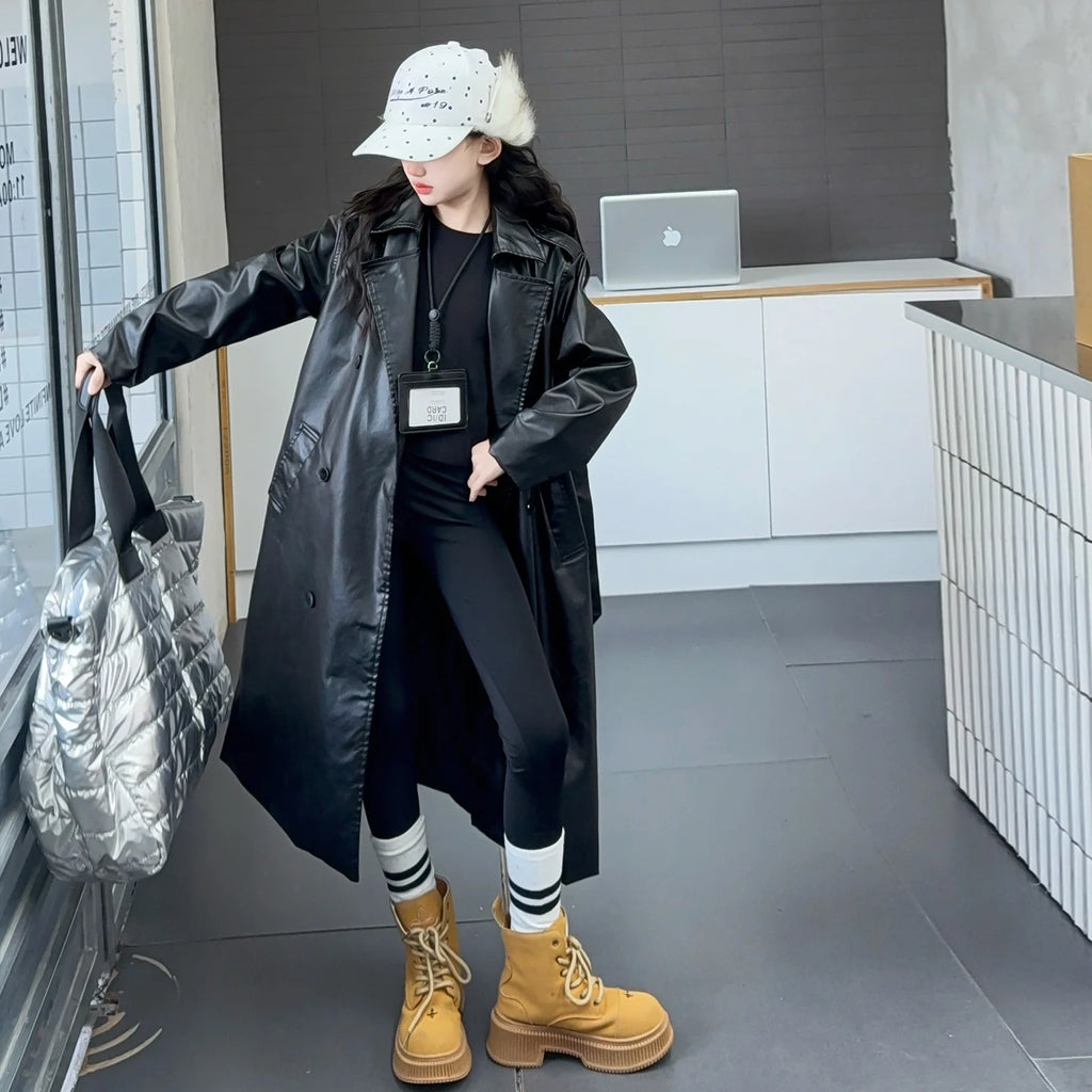 British Kids Child Solid Black Leather Maxi Trench Coat with Belt For Girls High Fashion Autumn Street Clothing X-Long PU Jacket