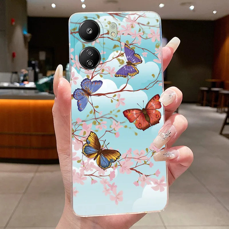 Case For Xiaomi Redmi 13C Poco C65 4G Capa Flower Butterfly Phone Casing Redmi13C Poco M6 5G Soft Silicone Transparent TPU Cover