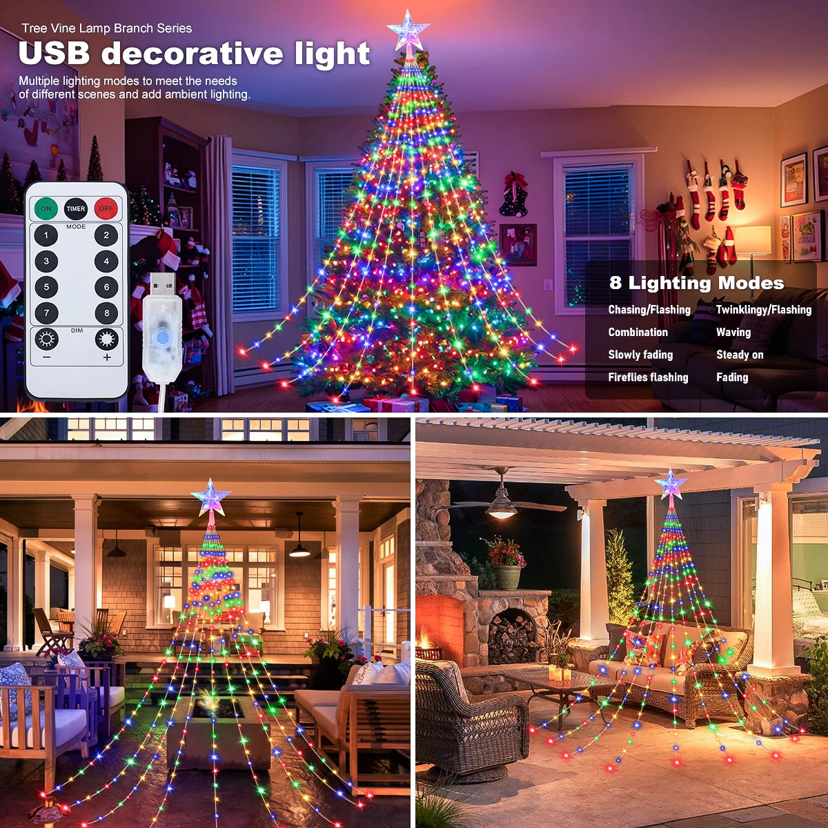 LED Outdoor Christmas String Lights 2/3M USB Waterproof Fairy Lights With 8 Lighting Modes For Garden Christmas Tree Party Decor
