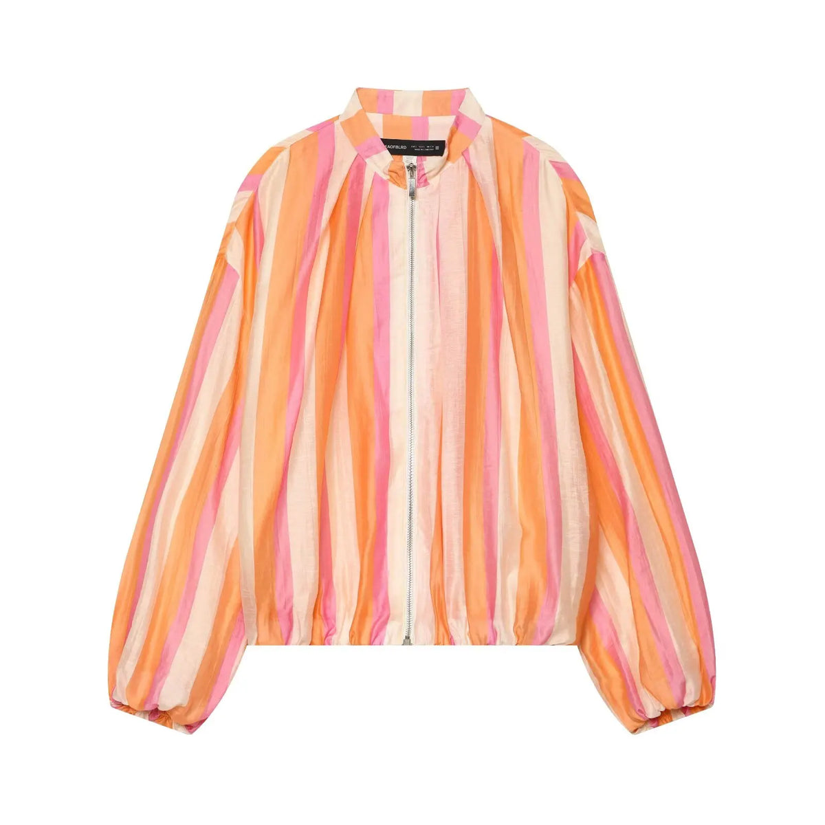 BSAY 2026 New Women Orange Pink Striped Bomber Jacket Stand Collar Long Sleeve Zipper Up Casual Loose Cropped Lightweight Jacket