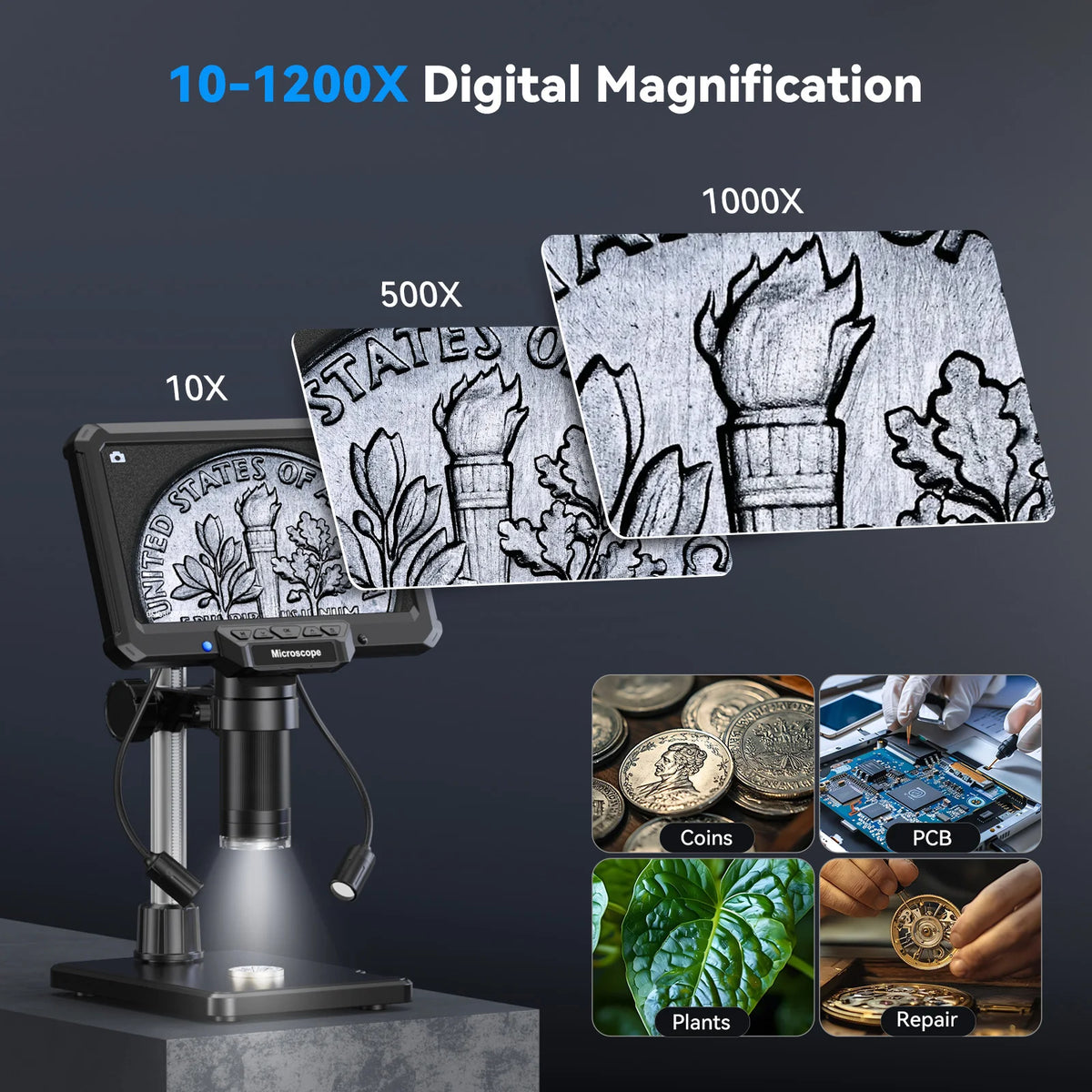 7inch Digital Microscope 1200X Magnification for Coin PCB Circuit Repair 16MP HD Soldering Microscope with Lights, PC View