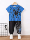 Summer Cool Boys Short Sleeves Spider Prints Two-Piece Leisure Suit For 4-7 Years Old Kids