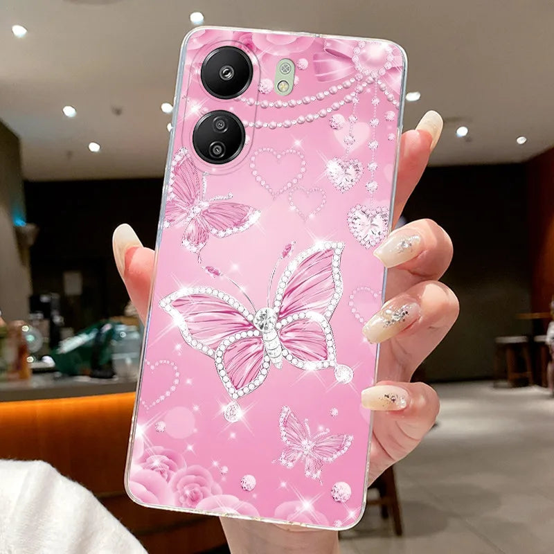 Case For Xiaomi Redmi 13C Poco C65 4G Capa Flower Butterfly Phone Casing Redmi13C Poco M6 5G Soft Silicone Transparent TPU Cover