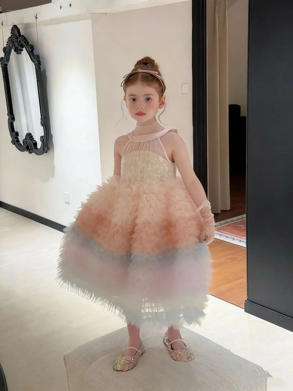 2025Girls' Spring, Summer and Autumn New Korean-Style Gradient Heavy Industry Cake Sequined Flower Puffy Dress