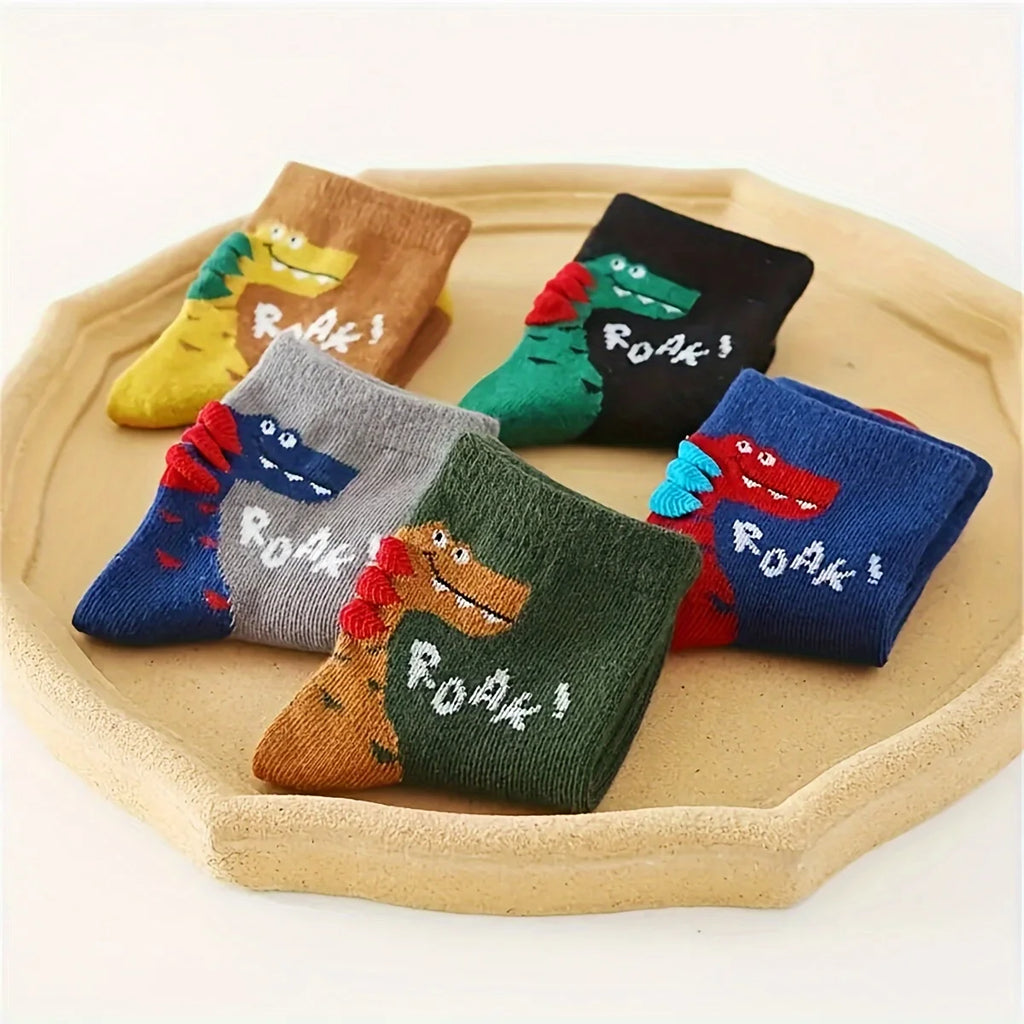 5 pairs of cute cartoon dinosaur patterned socks for boys and children, breathable, comfortable, high elasticity, sweat absorpti