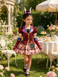 Alice Theme Rabbit Girl Costume Set, Plaid Dress with Clock Decor for Halloween Cosplay Party
