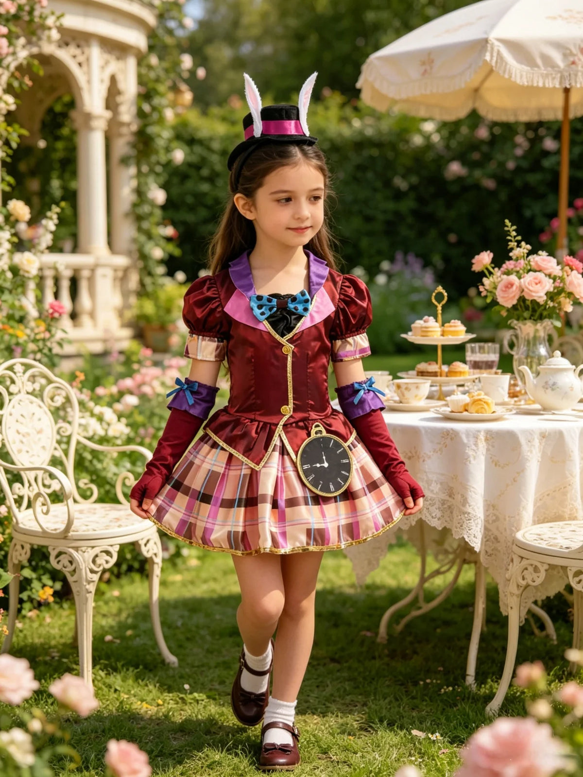 Alice Theme Rabbit Girl Costume Set, Plaid Dress with Clock Decor for Halloween Cosplay Party