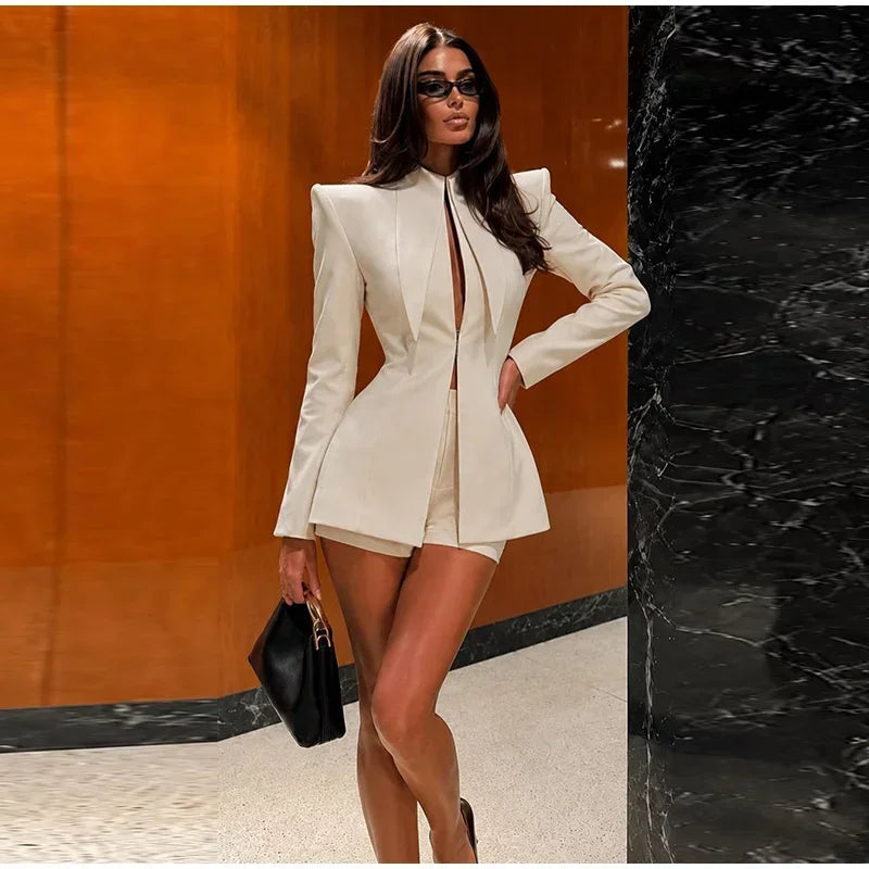 Black Shoulder Pad Two Piece Suit Chic Stand Collar Long Sleeve Hollow Slim Outfit 2026 Summer Office Dating Party Formal Suits