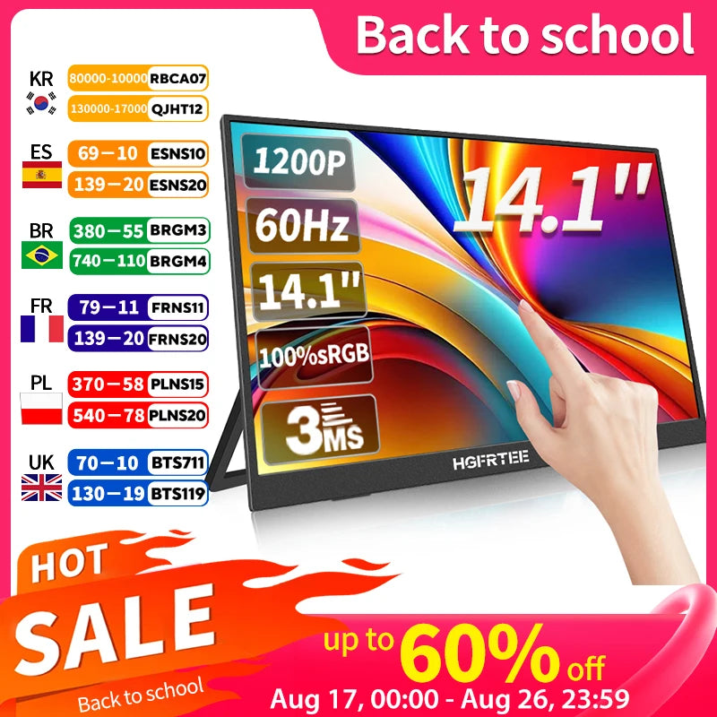 HGFRTEE 14 Inch Portable Monitor Touch/no Touch optional 100%sRGB 400cd/m2 Gaming Computer Expand Display For XBox PS4/ 5 Switch