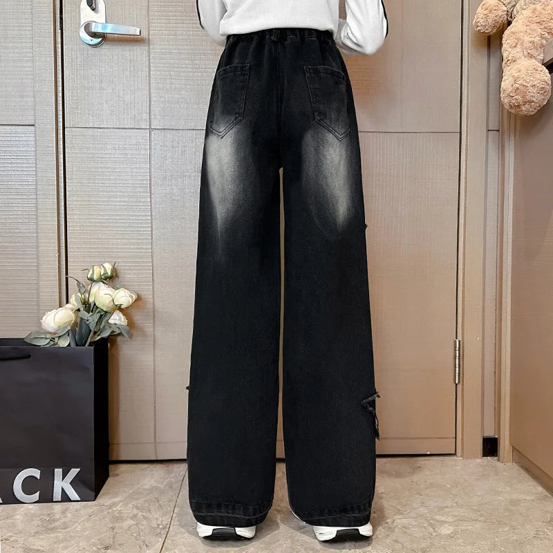 Elegant Kids Black Color Jeans For Girl Casual Street Style Denim Pants Teenager Child Fashion Straight Jeans Trousers With Star