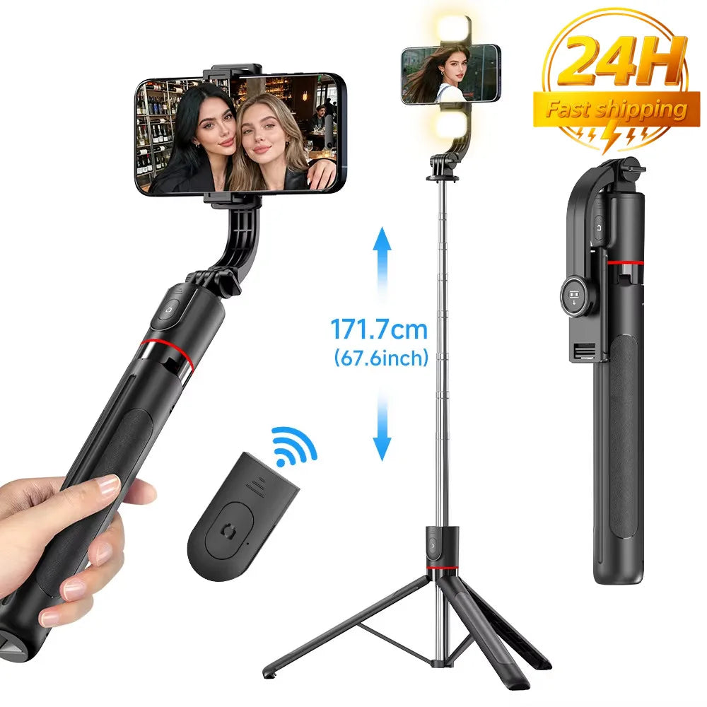 Selfie Stick Tripod with Bluetooth Remote, 6-Section Extendable Pole, 360° Rotation, Fill Light Option, for Phone Vlog