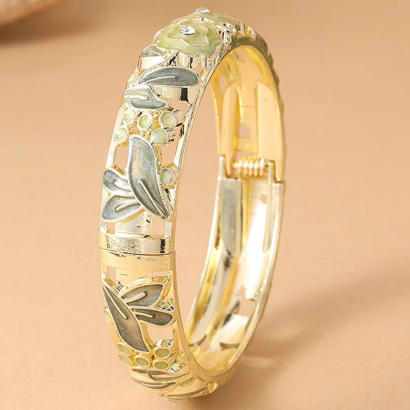 Jardme Rose Flower Enamel Bracelets For Women Ethnic Style Gold Plated Hollow Cloisonne Bangles Women's Jewelry Accessories