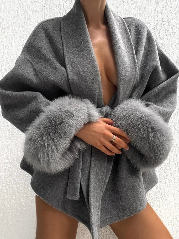 Solid Lapel Feather Woolen Coat Women's Elegant Full Sleeve Lace Up Loose Overcoat 2025 New Autumn Winter Office Commute Outwear