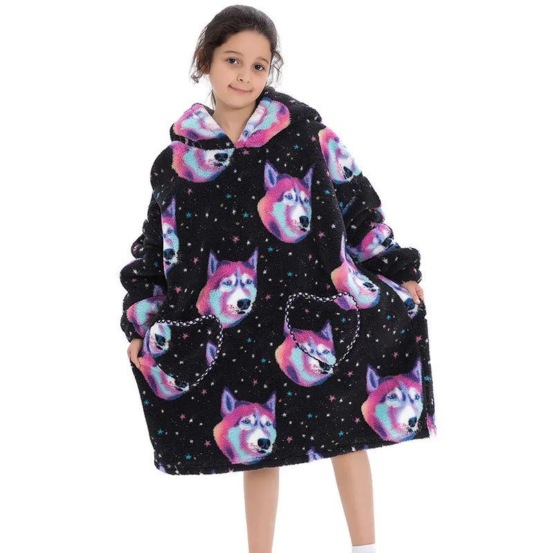 Kids Oversized Hoodie Blanket With Sleeve Boy Girl Sweatshirt Winter Fleece Hoody Avocado Rainbow Dinosaur Print Hooded Sweat