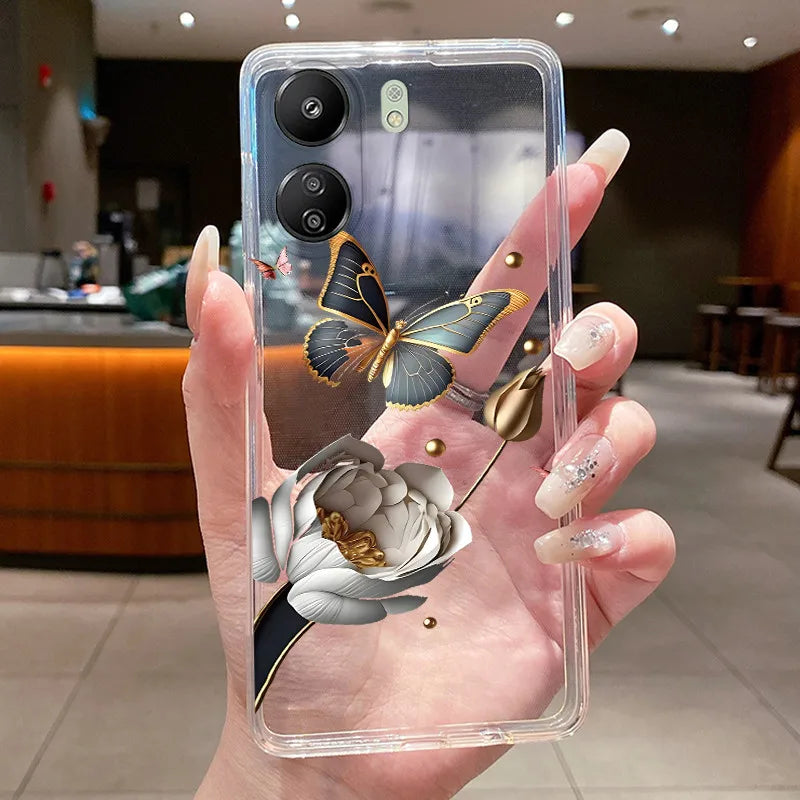 Case For Xiaomi Redmi 13C Poco C65 4G Capa Flower Butterfly Phone Casing Redmi13C Poco M6 5G Soft Silicone Transparent TPU Cover