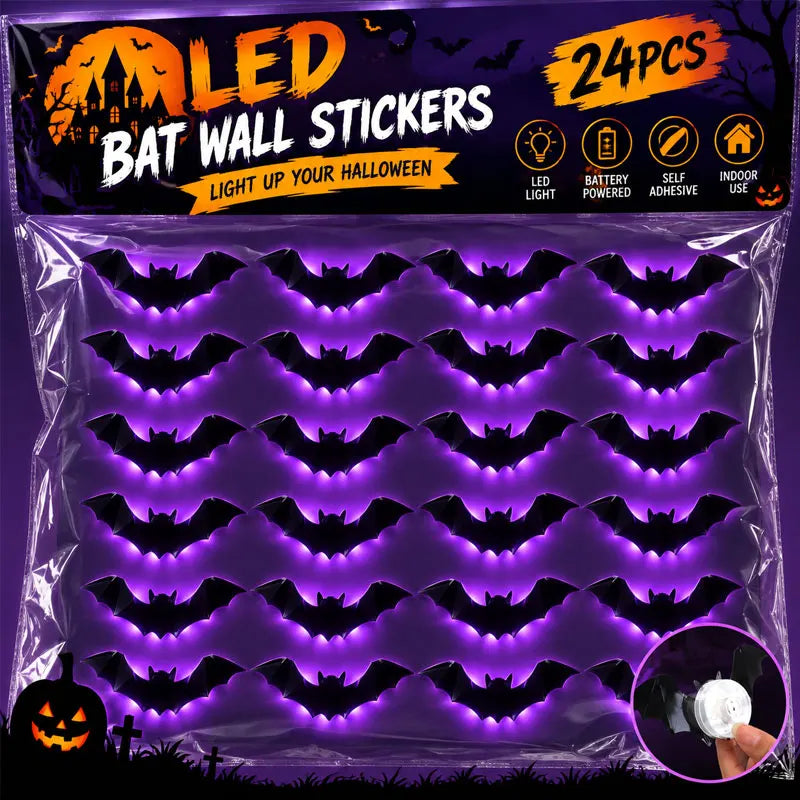 24/12pcs 3D Halloween LED Light Up Bat Glow in The Dark Self Adhesive PVC Wall Stickers Decoration Window Store Party Display