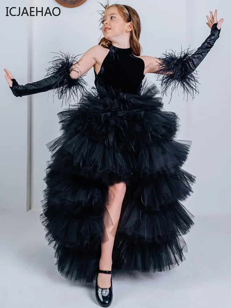 Black halter train multi-layered tulle dress No gloves girls dress for girls Kid costumes Princess Shaggy  dress Summer