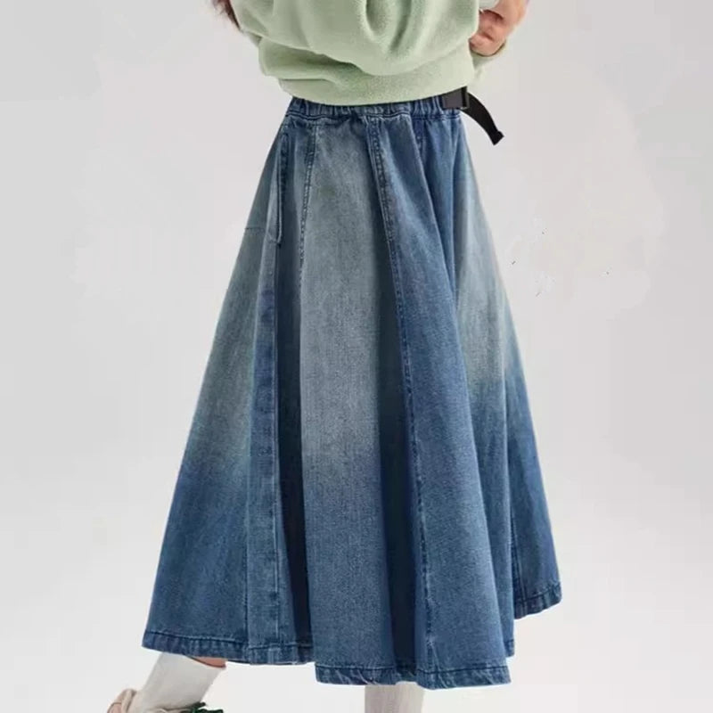 Classic Kids Designer Elastic Waist Long Denim Skirt for Teens Girl Vintage Blue Summer Streetwear Skirt Child Casual Outfit