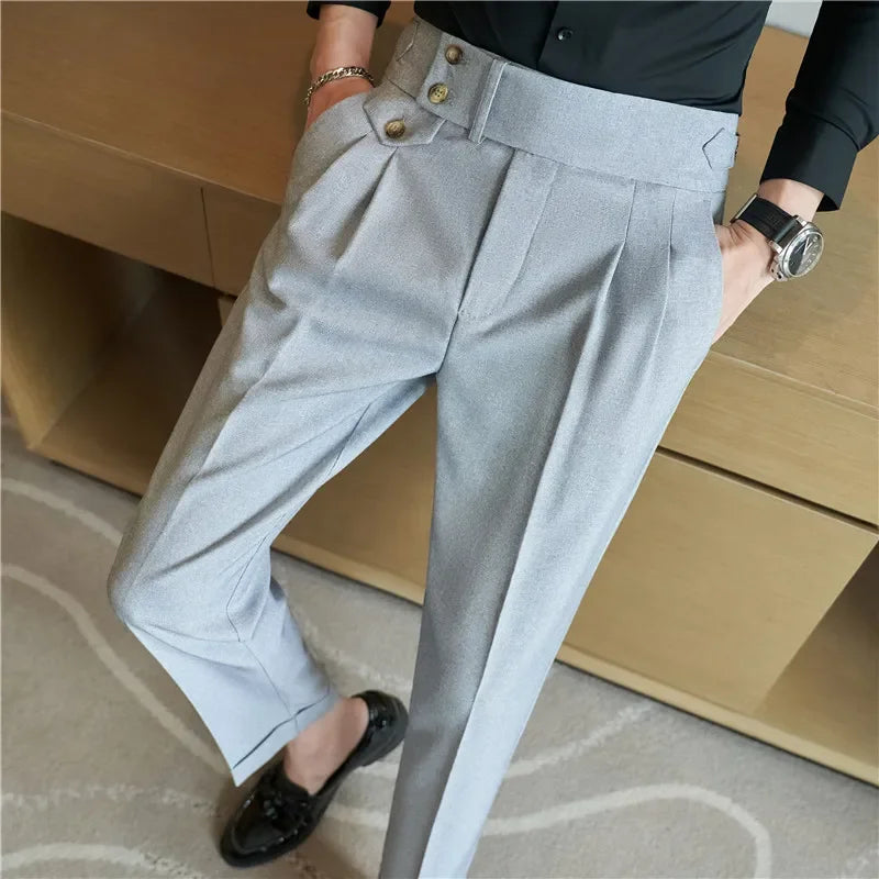 2026 Spring Autumn Men High Waist Belt Design Casual Slim Formal Dress Pant Men Social Office Wedding Party Dress Suit Pants