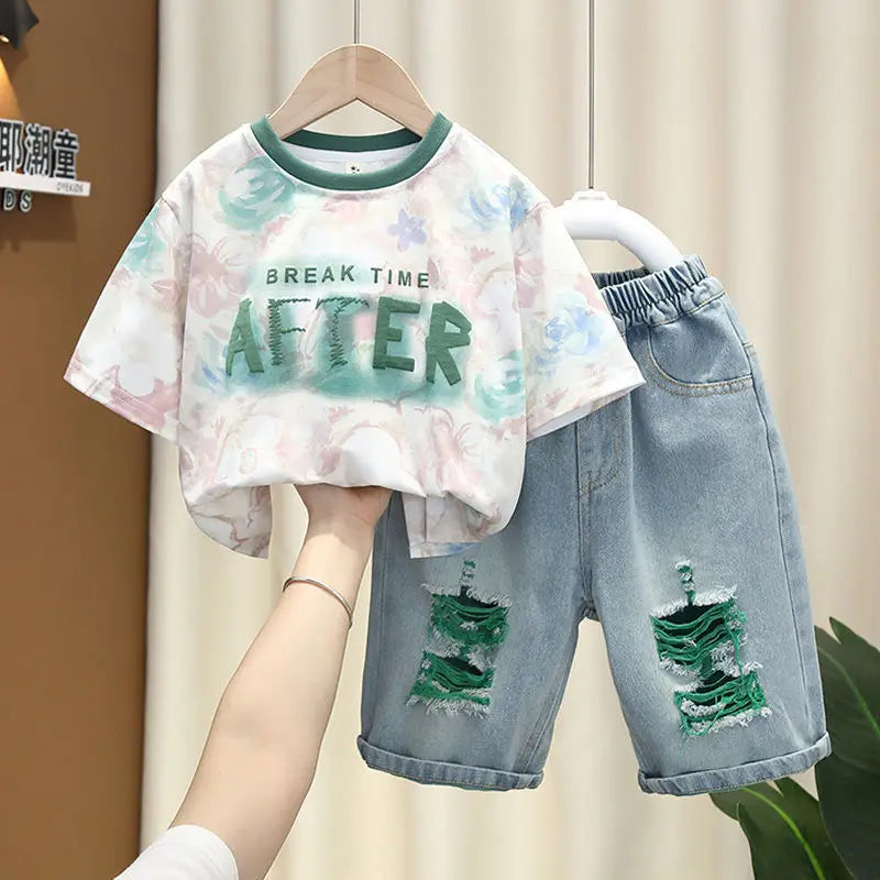 Korean Boys Summer Children's Top and Bottom 2PC Sets Short Sleeve T-Shirt & Denim Shorts Kids Clothes 1-7 Years Black Toddler