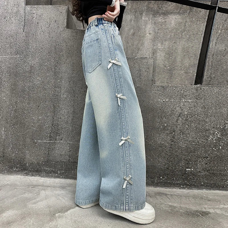 Children Spring Autum Baggy Jeans with Side Pull Strip Bow Tweens Girl Casual Denim Pants Kids Streetwear Trousers Hot Selling