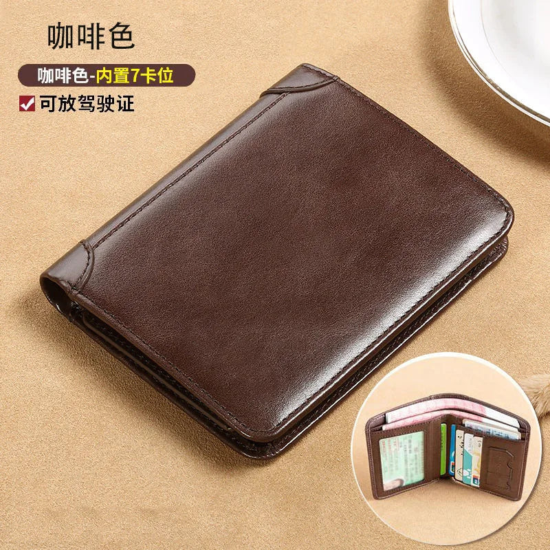 Men's New All Functions Genuine Leather Wallet Large Capacity Anti Theft Brush Three Fold Fashion Card Bag with Photo Position