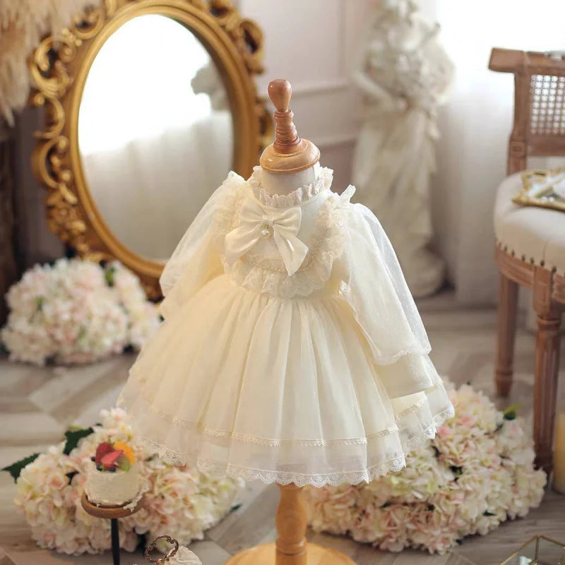 Girls Spring Autumn Winter New Baby First Birthday Mesh Long Sleeve Bow Lace Princess Dress