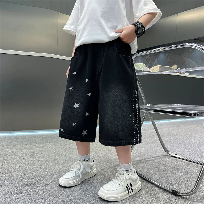 Kids Vintage Black Denim Shorts For Boys Casual Summer Shorts Teenager Children Retro Straight Knee-Length Printing Jeans Pants