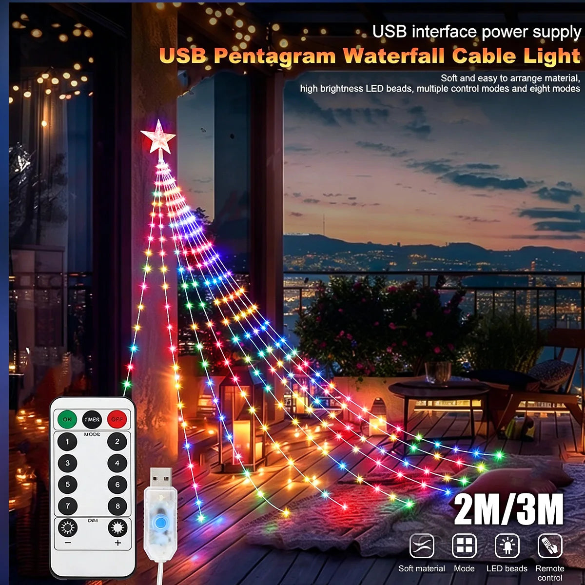 LED Outdoor Christmas String Lights 2/3M USB Waterproof Fairy Lights With 8 Lighting Modes For Garden Christmas Tree Party Decor