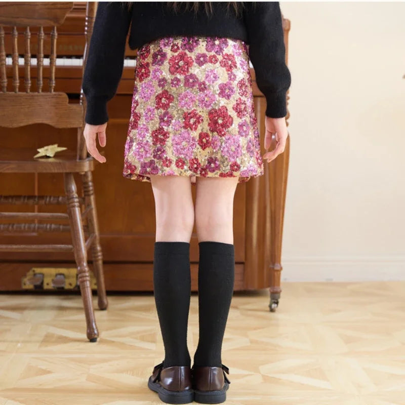 Girls Sequin Skirt Flower Fashion A-line Short Skirt for Kids Embroidered Elegant Princess Autumn Winter Teen Children Costumes