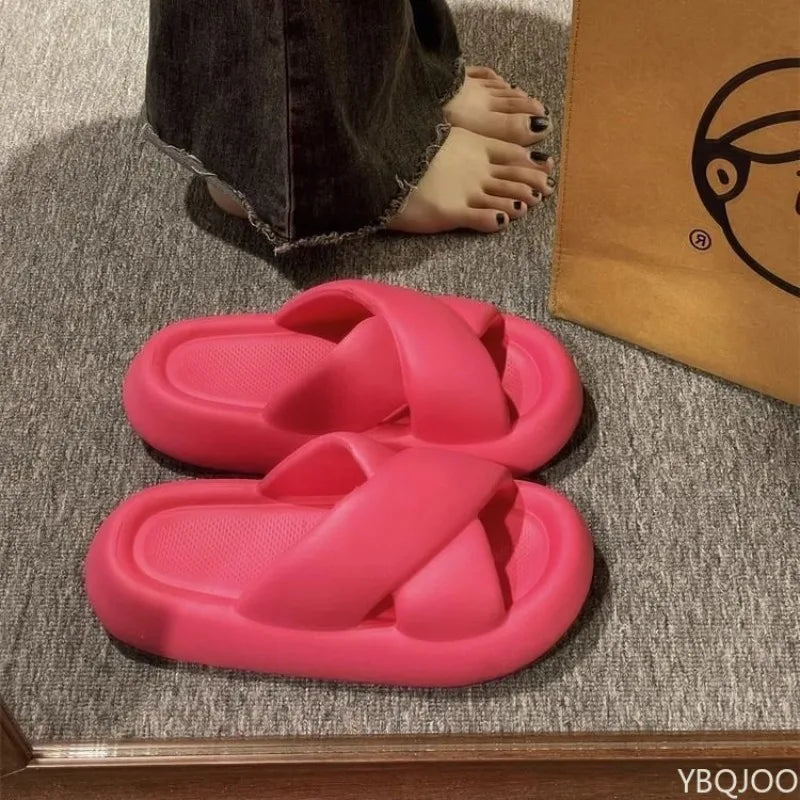 Summer Outdoor Leisure Non slip Beach Cross Belt Women's Slippers Home Thick Bottom Home Stepping Shit Feel Bathroom Slippers