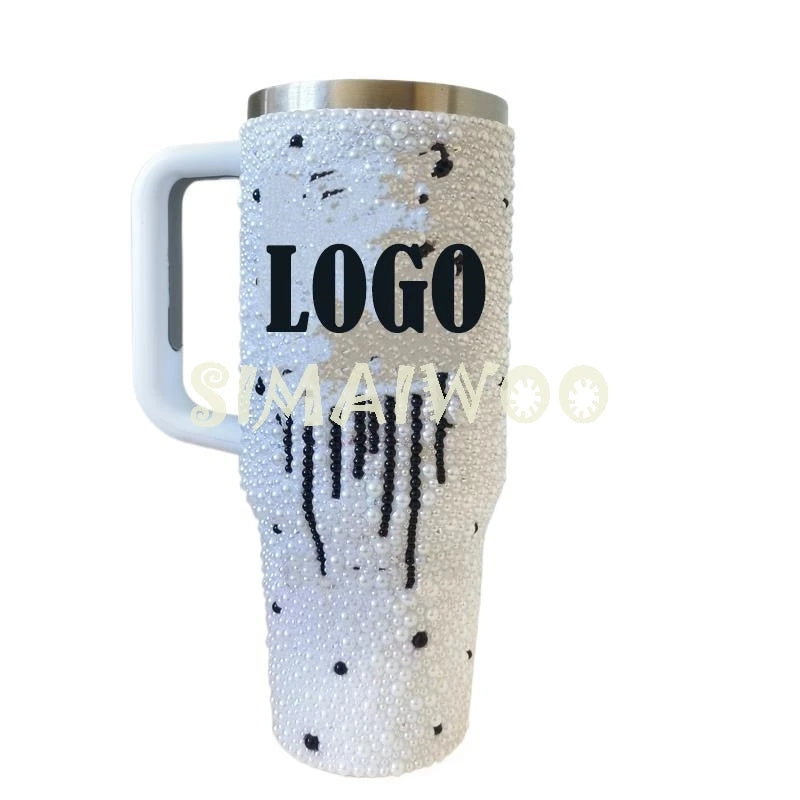 Logo Custmizable Tumbler DIY Rhinestone Ice Drink Bottle Double Layer Vacuum Thermal Insulation Handle Cup Pearl Bead Bling Gift