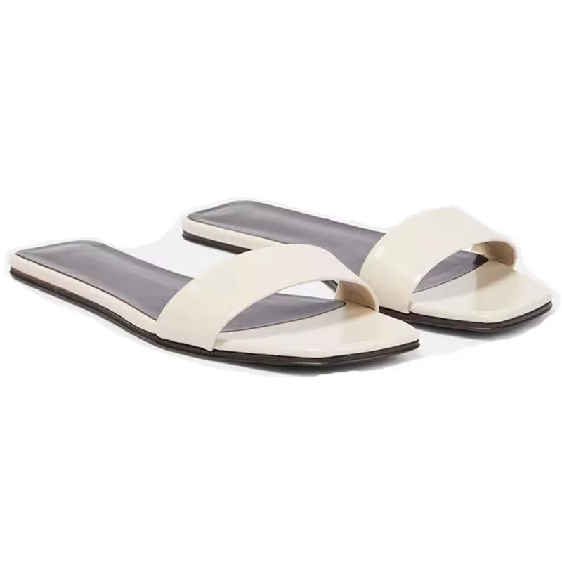 2024 Summer New Fashion Slides Shoes Women Genuine Leather Minimalist Sandals Comfortable Flat Woman Square Toe Outside Slippers