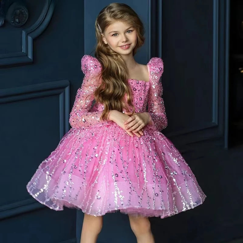 Girls Sequin Mesh Long Sleeve Birthday Party Dress Baby Girl Opening Ceremony Prom Gown New Childrens Dress Cute Kids Clothes