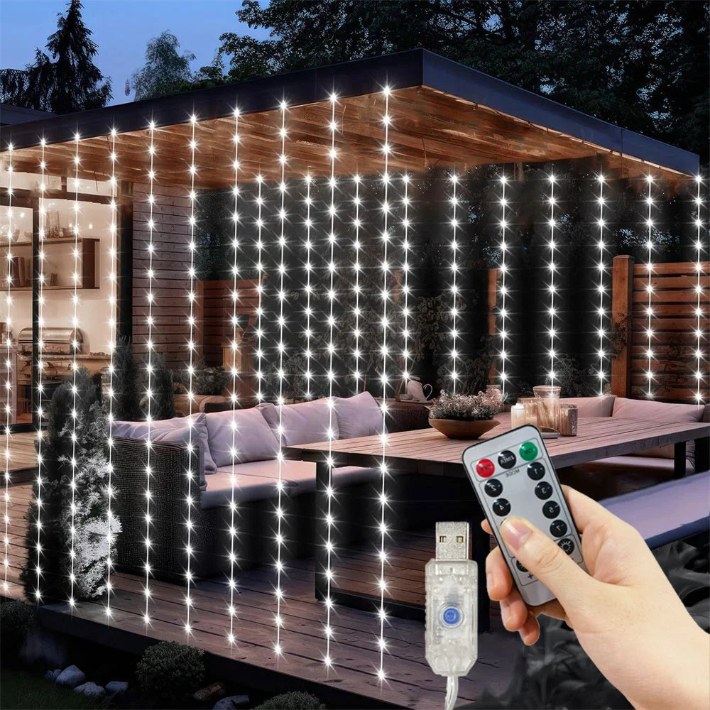 Wedding Outdoor USB Plug-in Festoon Curtain LED String Lights Remote 8 Modes EID Mubarak Bedroom Ramadan Home Decoration 3/4/6m