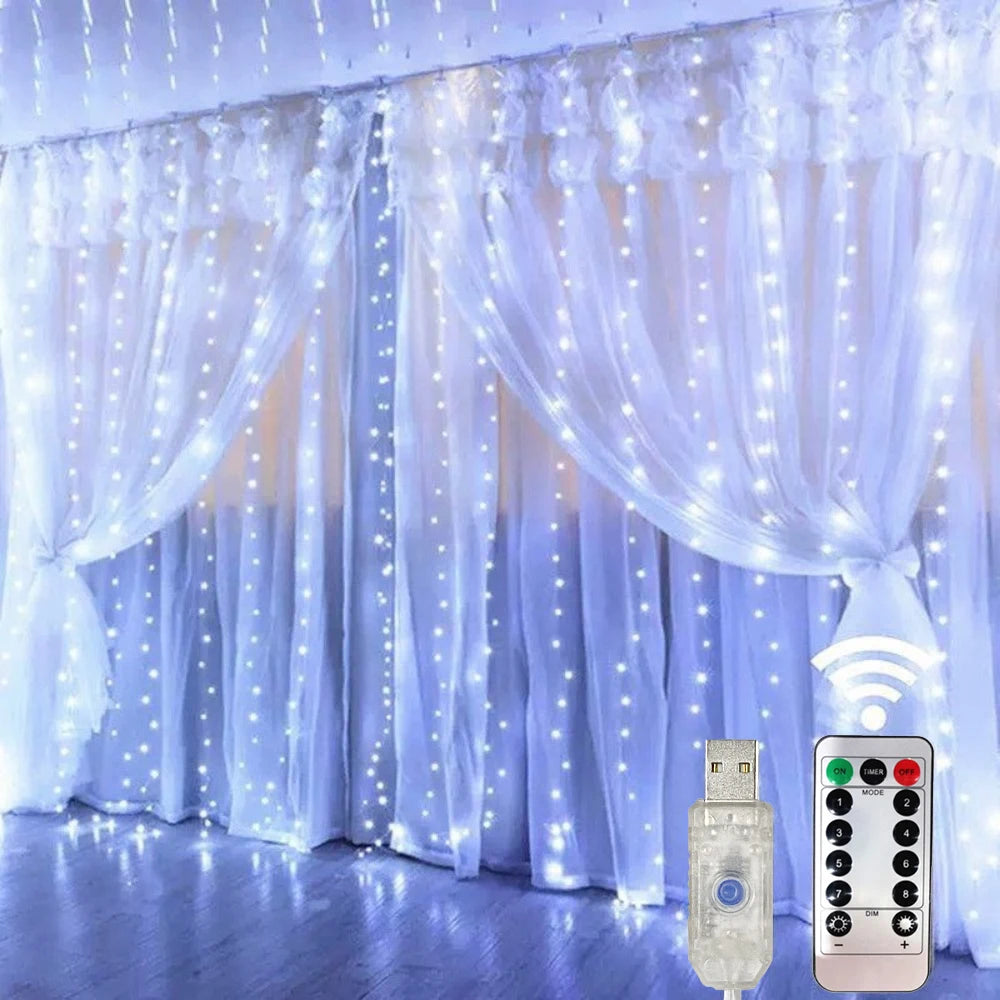 Christmas Lights LED Fairy String Curtain Lights 8 Mode Remote USB Festoon Christmas Decor For Home Holiday New Year Lamp