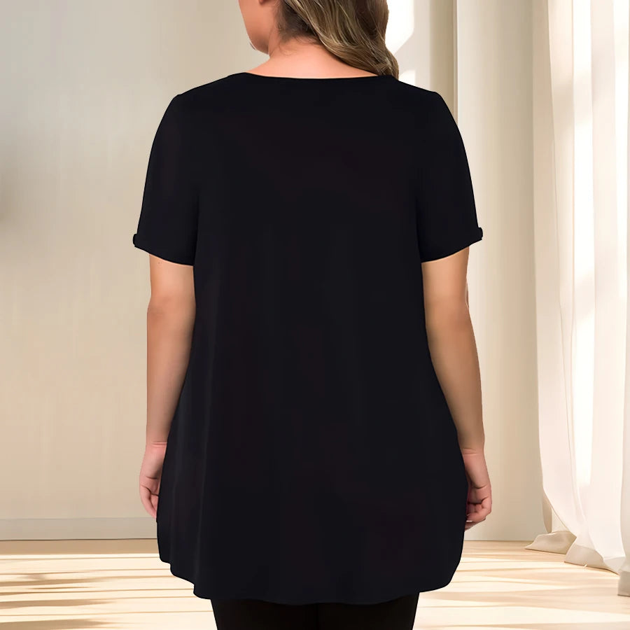 [Elegant Plus Size Blouse] Lightweight Polyester Women's Casual Crew Neck Short Sleeve Blouse, Plus Size | Solid Color, Subtle S