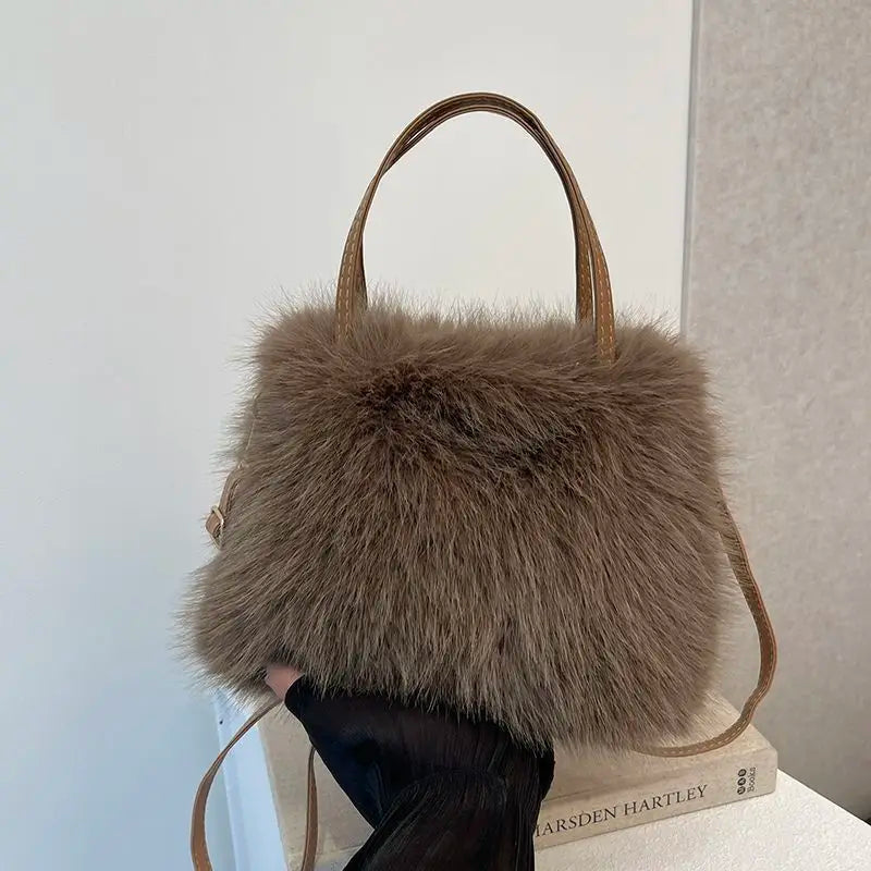 Candy Color Pearl Handle Women's Plush Crossbody Bag Portable Female Furry Handbags Winter Fashion Casual Shoulder Bags
