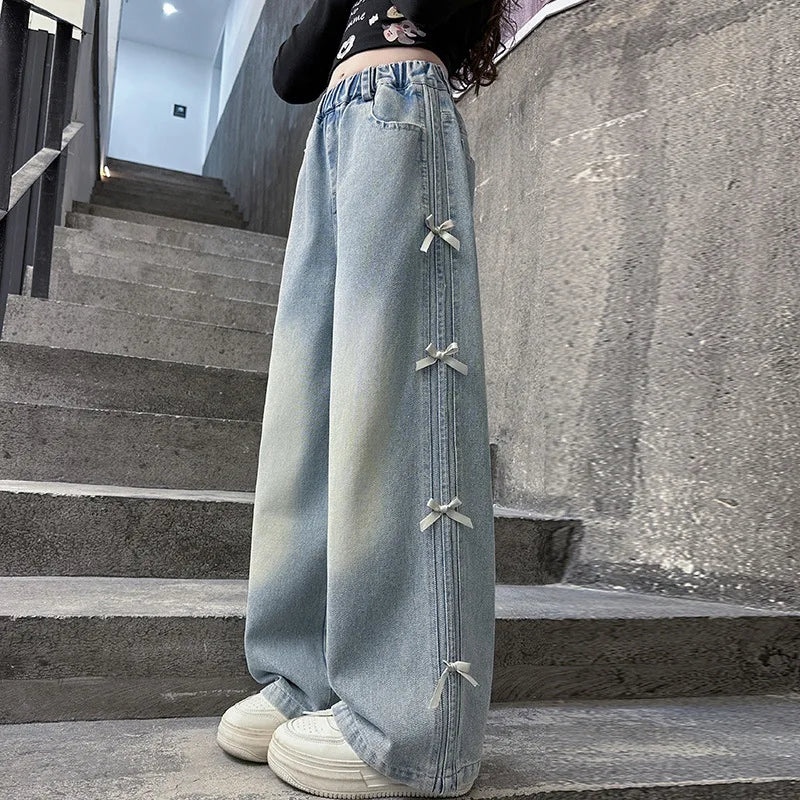 Children Spring Autum Baggy Jeans with Side Pull Strip Bow Tweens Girl Casual Denim Pants Kids Streetwear Trousers Hot Selling