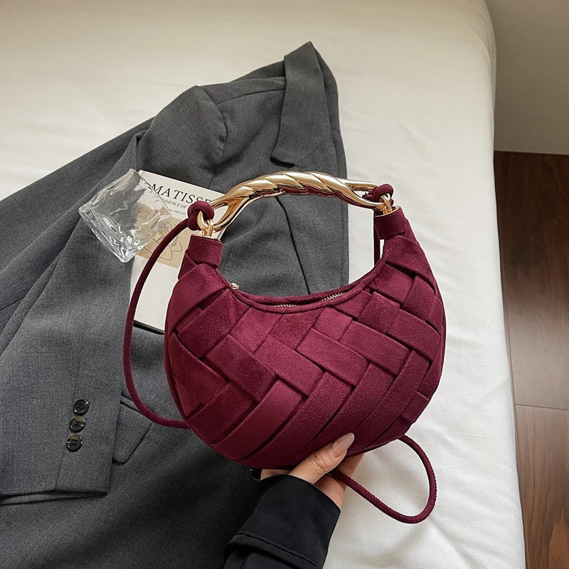 Wine Red Half Moon Bag Fashion Clutch Bag For Women 2026 New Designer Woven Handbag Small Semicircle Saddle Crossbody Bag bolsas