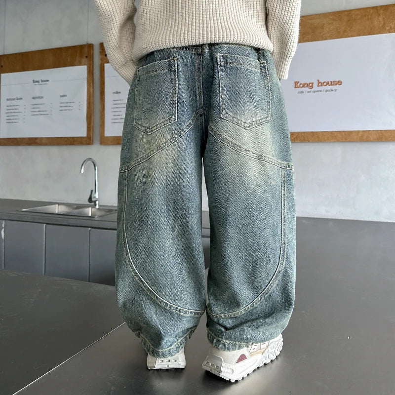 Kids Child y2k Baggy Jeans For Boy Harajuku Vintage Blue High Quality Hip Hop Streetwear Casual Wide Leg Patchwork Denim Pants