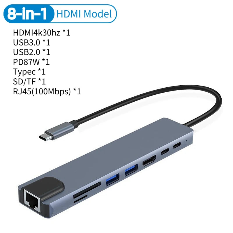 5/8Ports USB C Docking Station Type C to HDMI 4K/RJ45 100M Splitter USB3.0 5Gbps High Speed USB C HUB Adapter For Laptop Macbook