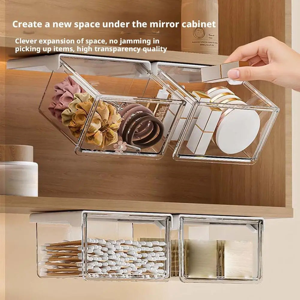 Plastic Drawer Style Storage Box Self Adhesive Large Capacity Makeup Storage Container Transparent Space Saving ﻿
