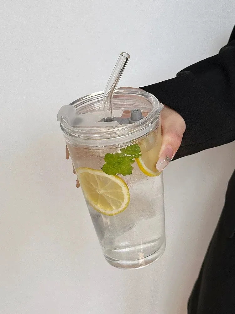 500ml Thickened Glass Cup with Straw & Sealed Lid Reusable Tumbler for Office Iced Beverage Mug  Home Juice Coffee Milk Tea Cup