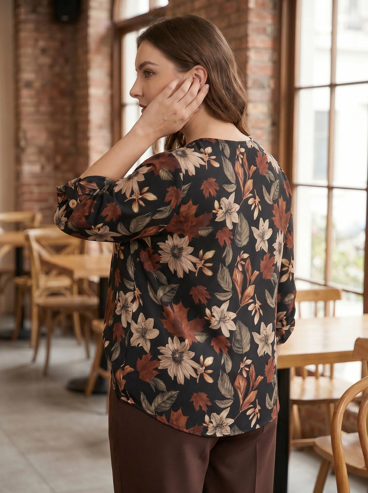 Gadinus Plus Size Floral Print Blouse Women Black Base Long Sleeve V Neck Loose Fit Casual Shirt Tunic Top