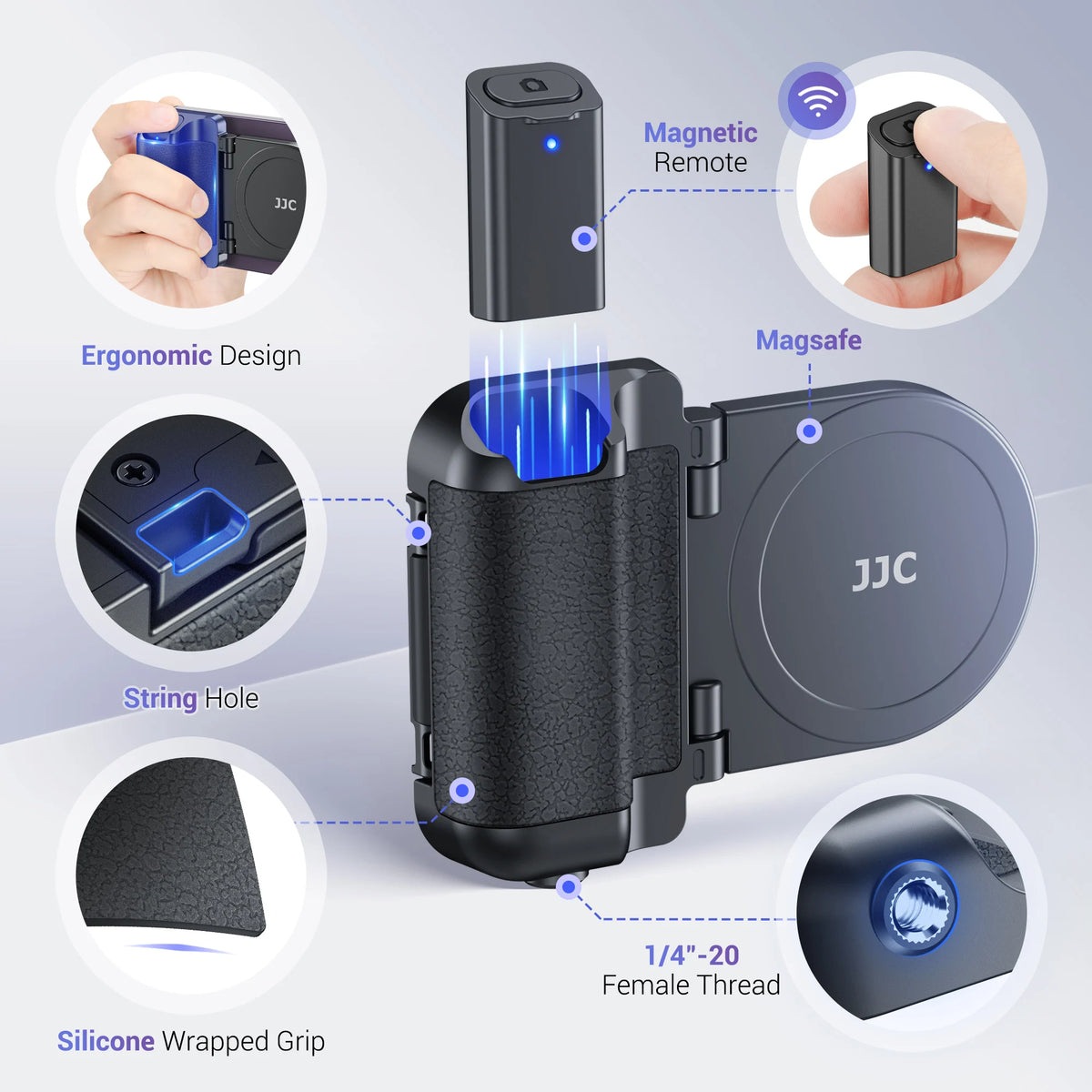 JJC Magnetic Phone Camera Grip Handle Selfie Bracket with Wireless Shutter Remote with 1/4” Tripod Screw for iPhone 17 16 15 14
